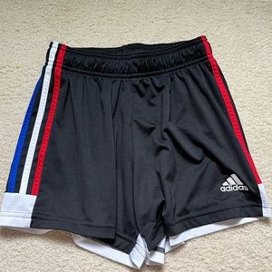 Adidas tastigo midrise red white and blue striped shorts
